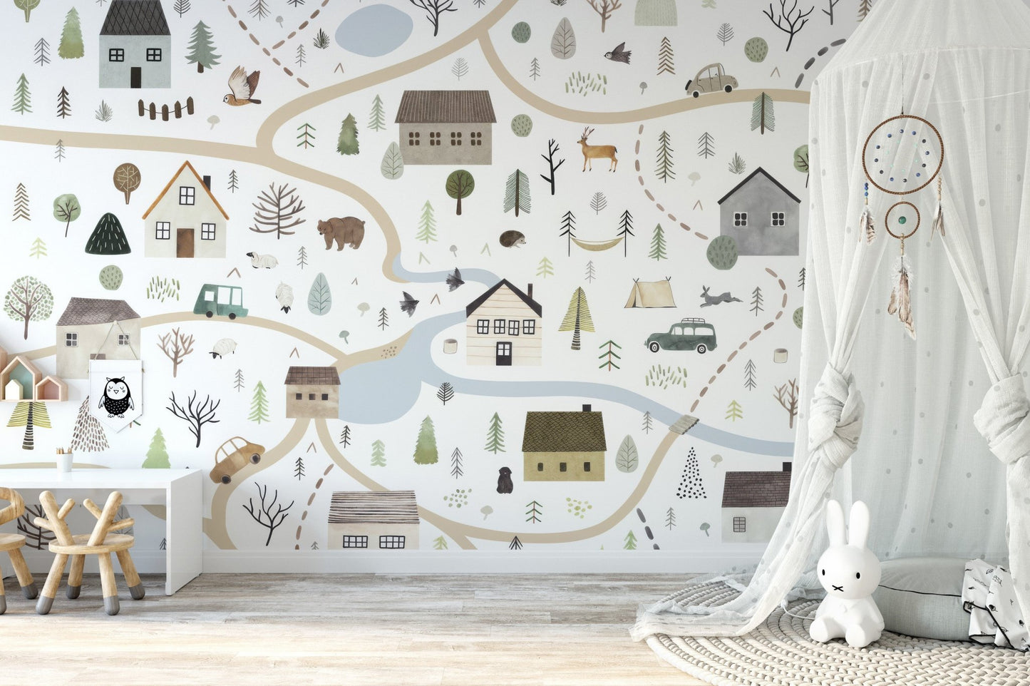 Countryside houses wall mural with trees and river design.