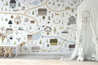 Countryside houses wall mural with trees and river design.