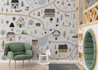 Rustic countryside wallpaper mural with cabins and pathways.