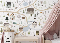 Contemporary scenic road wall mural with woodland scenery.