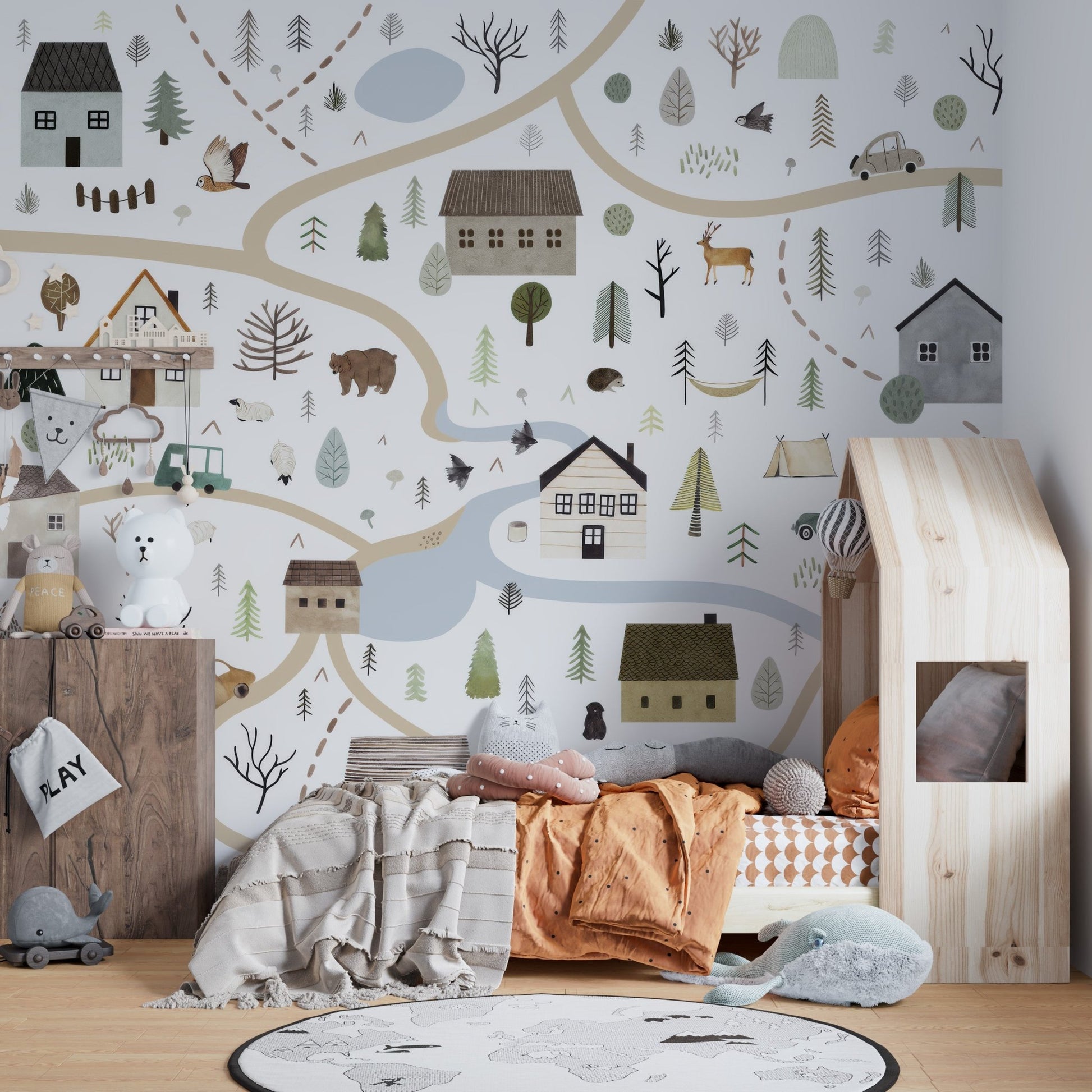 Countryside themed road houses wall mural in calm color palette.