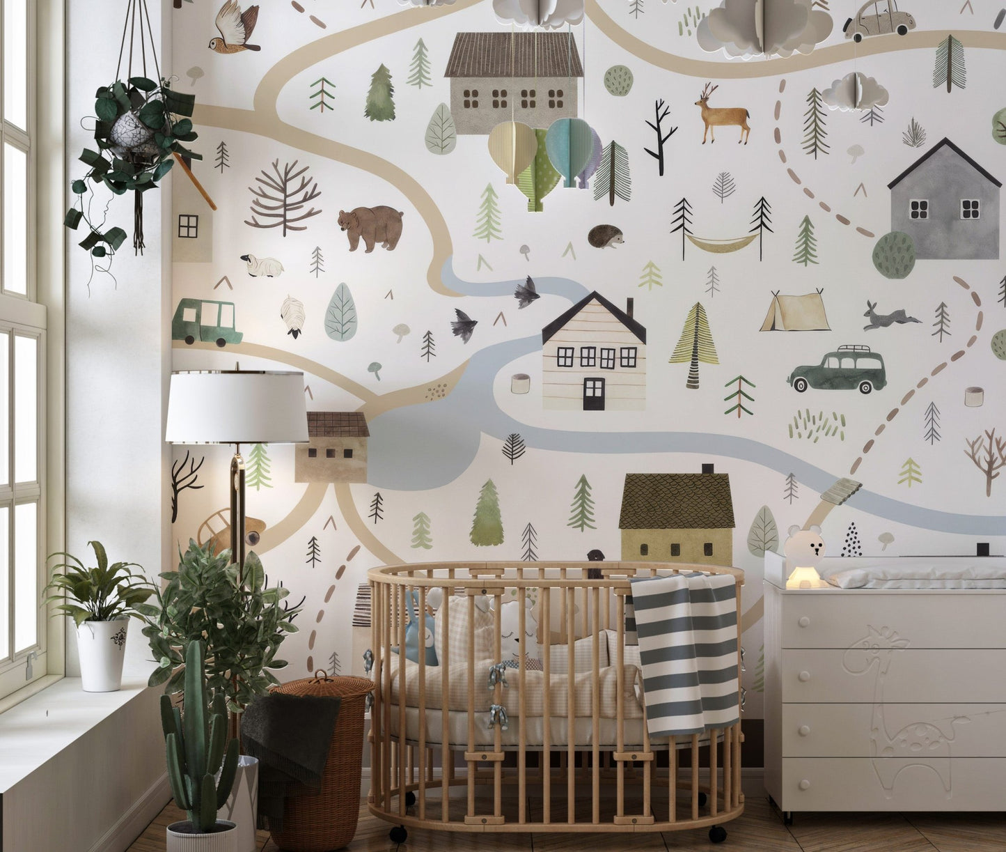 Soft watercolor road village wallpaper mural in earthy color.