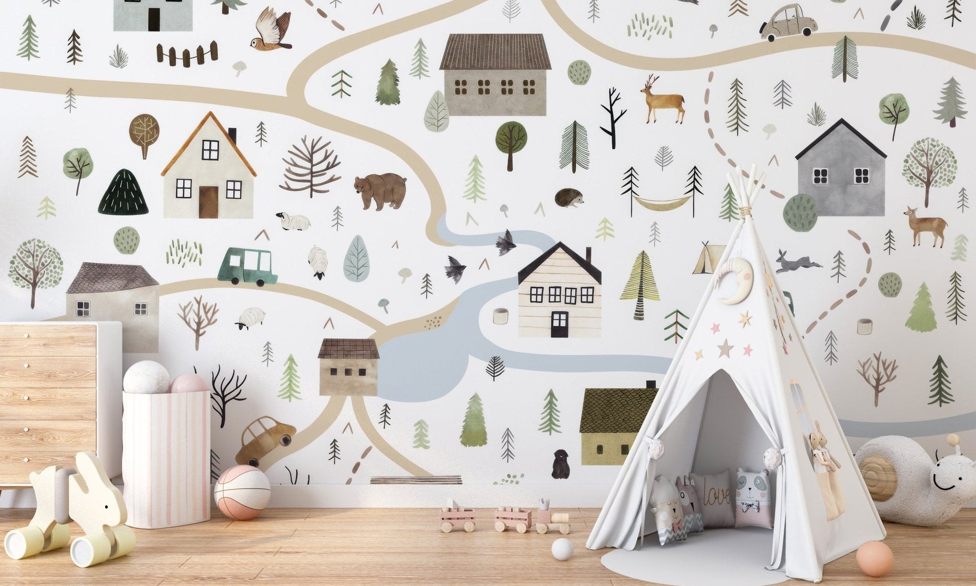 Scenic road houses wall mural with winding paths and cabins.