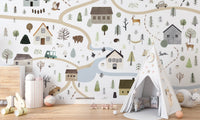 Scenic road houses wall mural with winding paths and cabins.