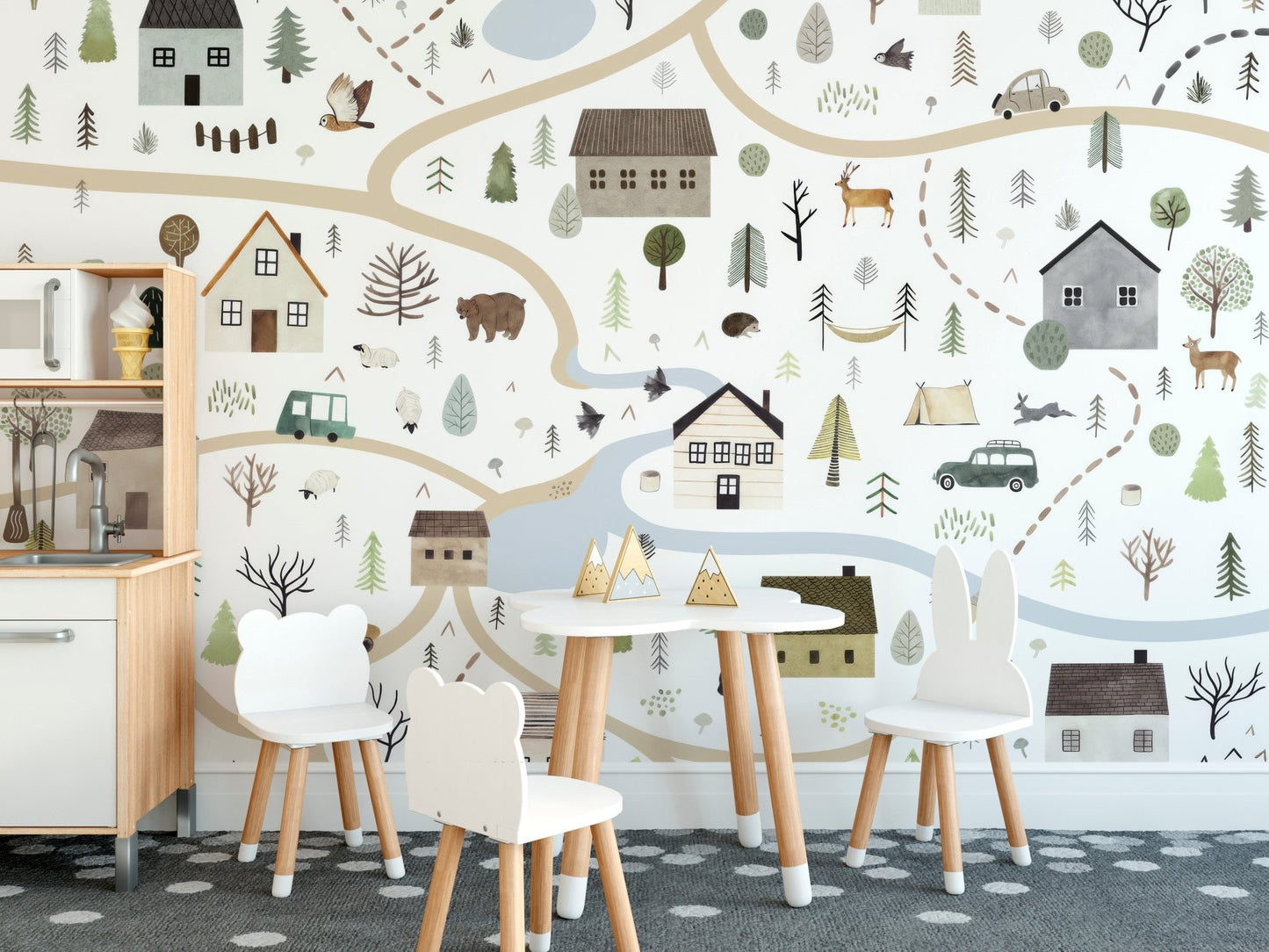 Illustrated village road wallpaper mural in soft neutral color.