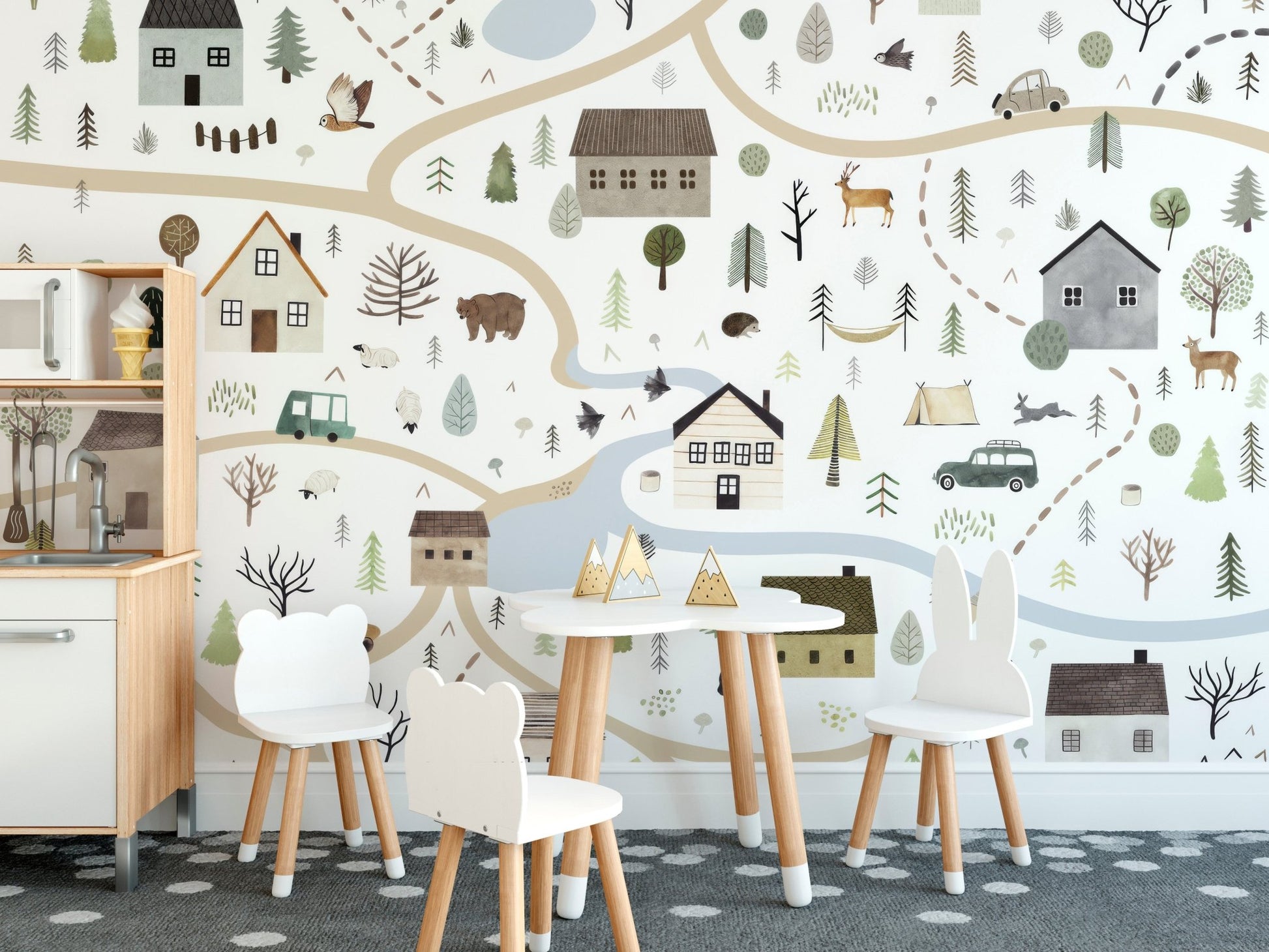 Illustrated village road wallpaper mural in soft neutral color.