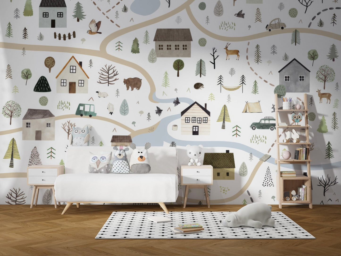 Artistic rural houses wall mural with river and trees.