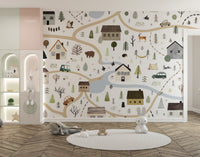 Village houses landscape wallpaper mural with cabins and winding road.