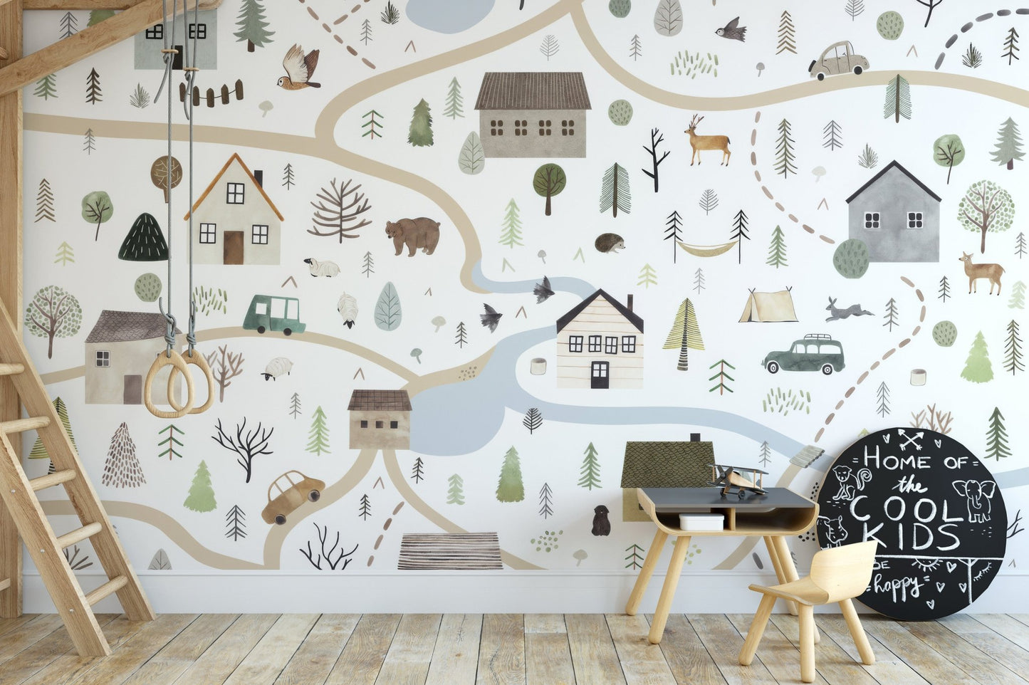 Pastel road map style wallpaper mural with woodland details.