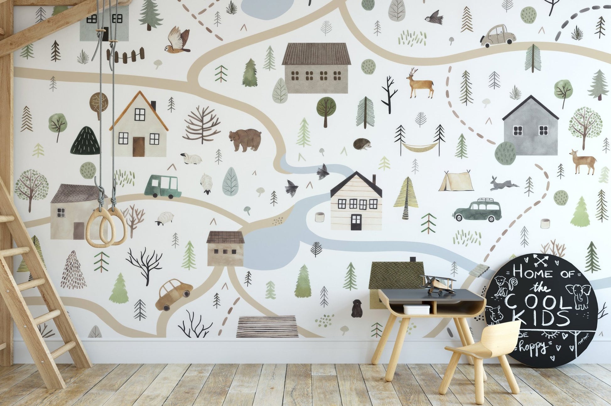 Pastel road map style wallpaper mural with woodland details.
