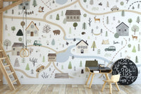 Pastel road map style wallpaper mural with woodland details.