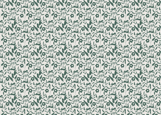 Rabbit Pattern Floral and Leaves Scandi Wallpaper