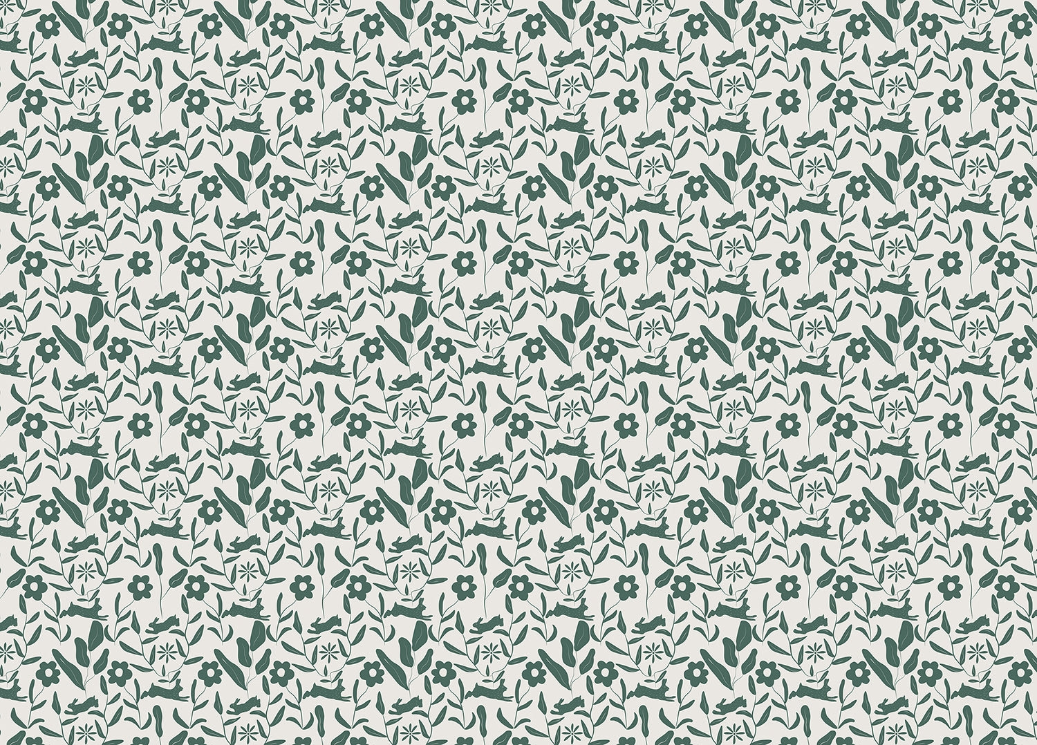 Rabbit Pattern Floral and Leaves Scandi Wallpaper