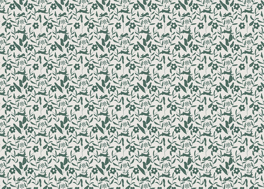 Rabbit Pattern Floral and Leaves Scandi Wallpaper