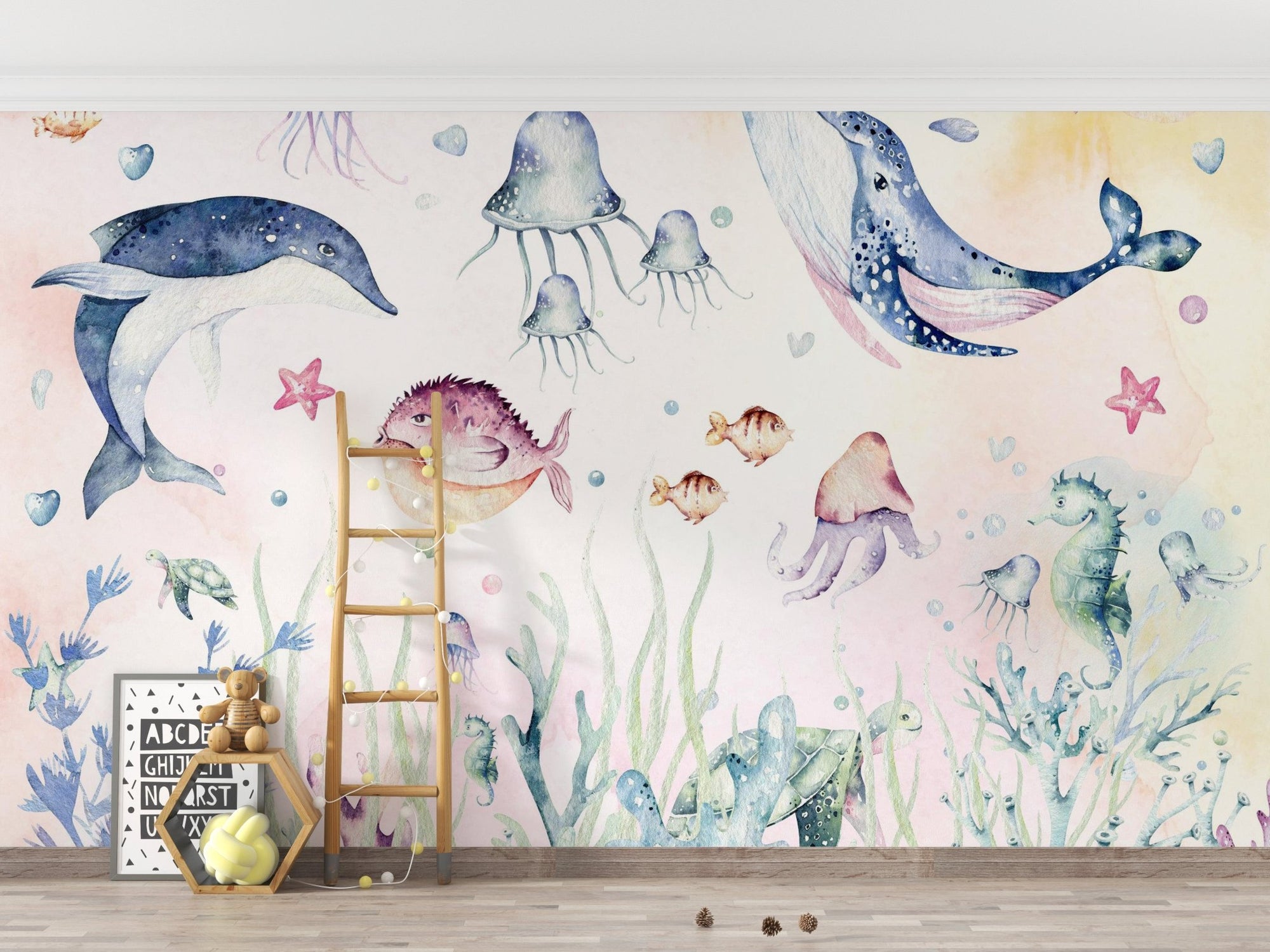 Sea fantasy wallpaper mural with pastel whale and dolphin ocean art.