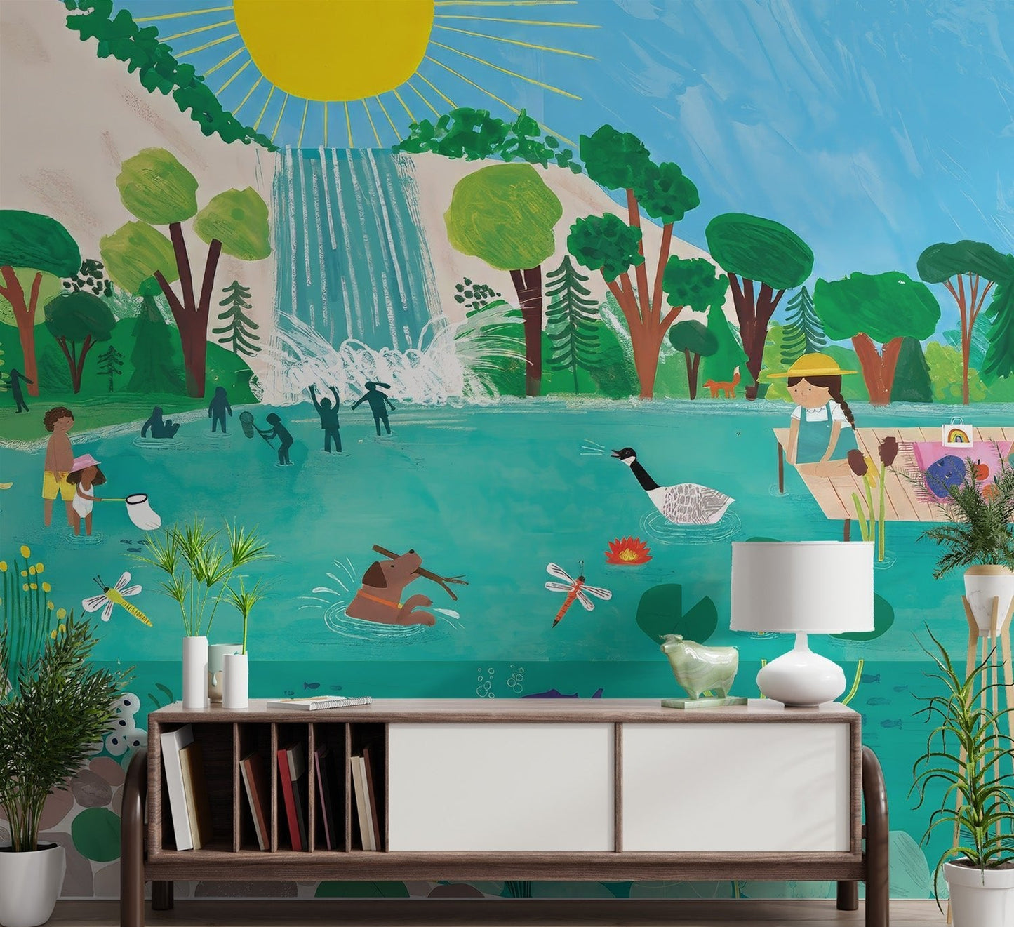 Blue water and green forest landscape wall mural for educational spaces