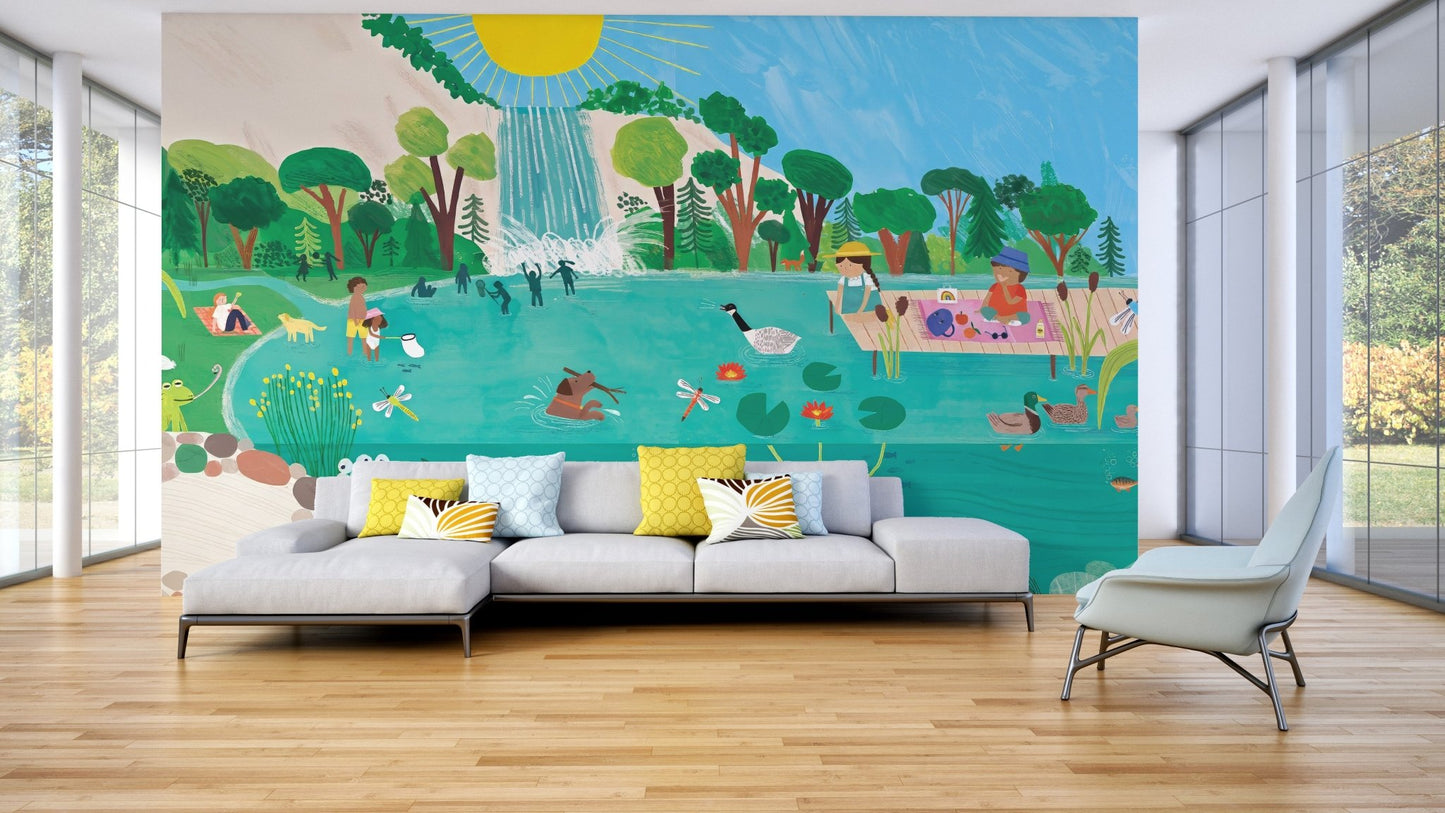Lakeside picnic wall mural with waterfall and lush green forest in living room.