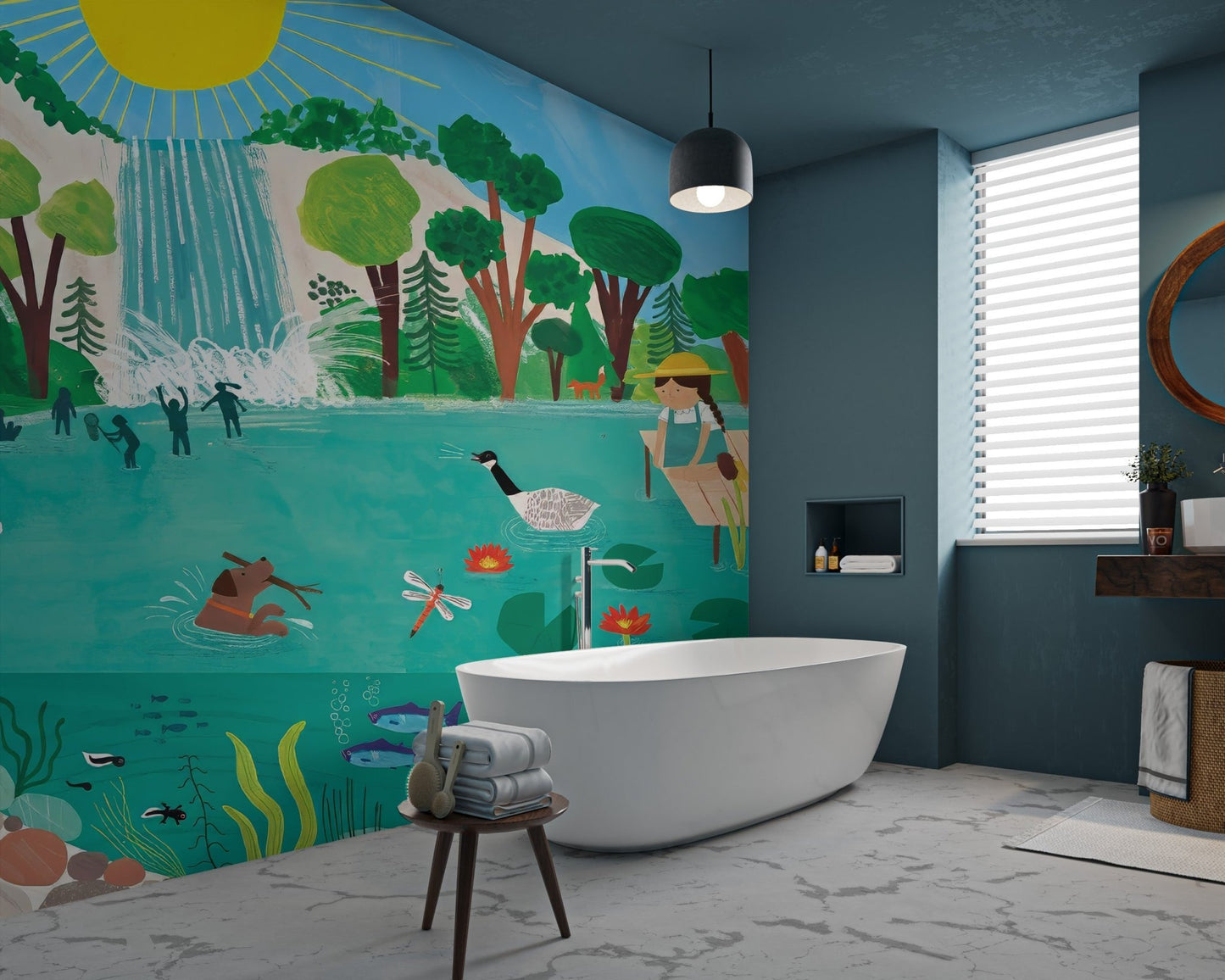 Kids enjoying a lakeside picnic mural with a waterfall and wildlife in bathroom