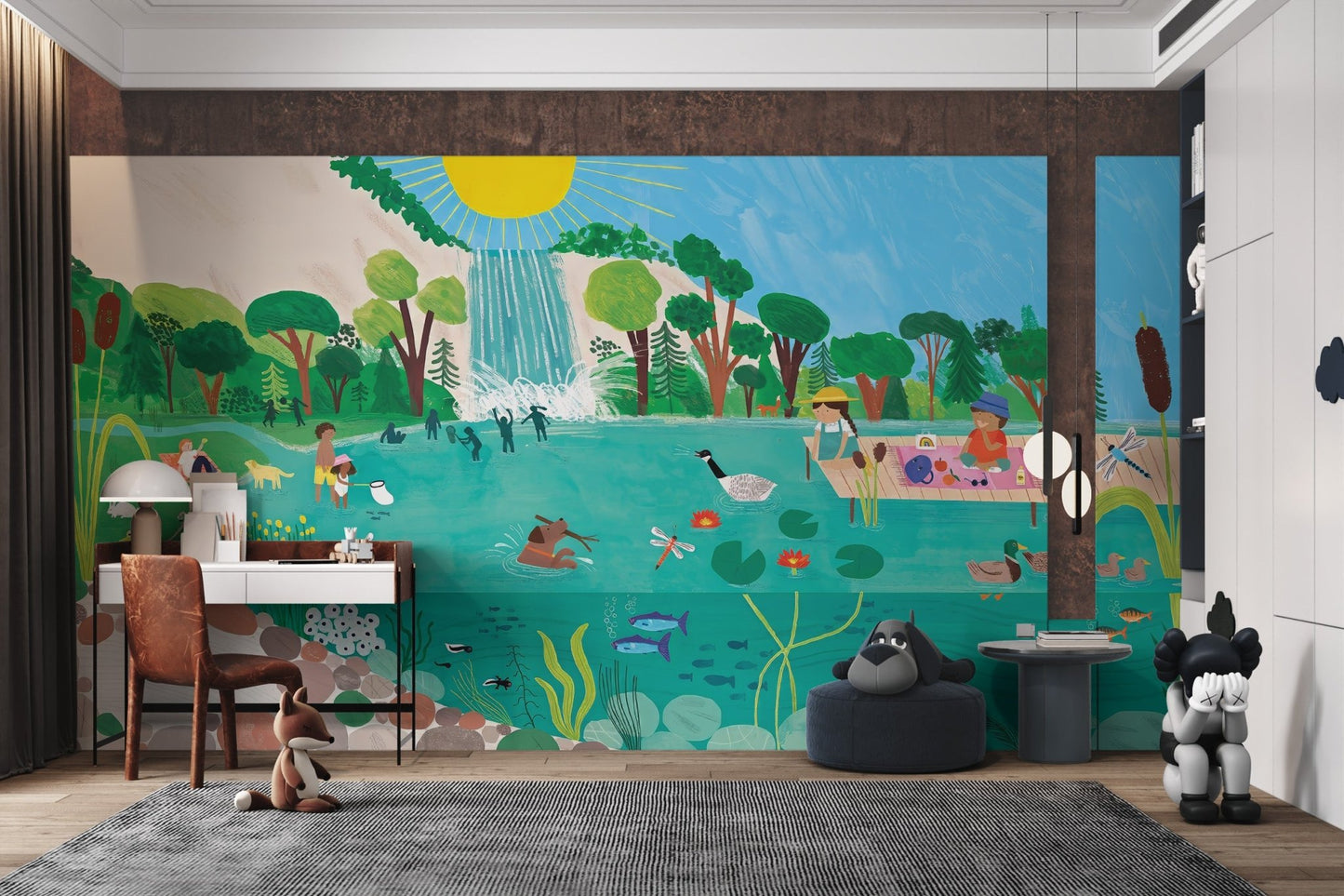 Picnic wall mural with children and wildlife near a lake under a bright sunny sky.