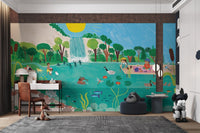Picnic wall mural with children and wildlife near a lake under a bright sunny sky.