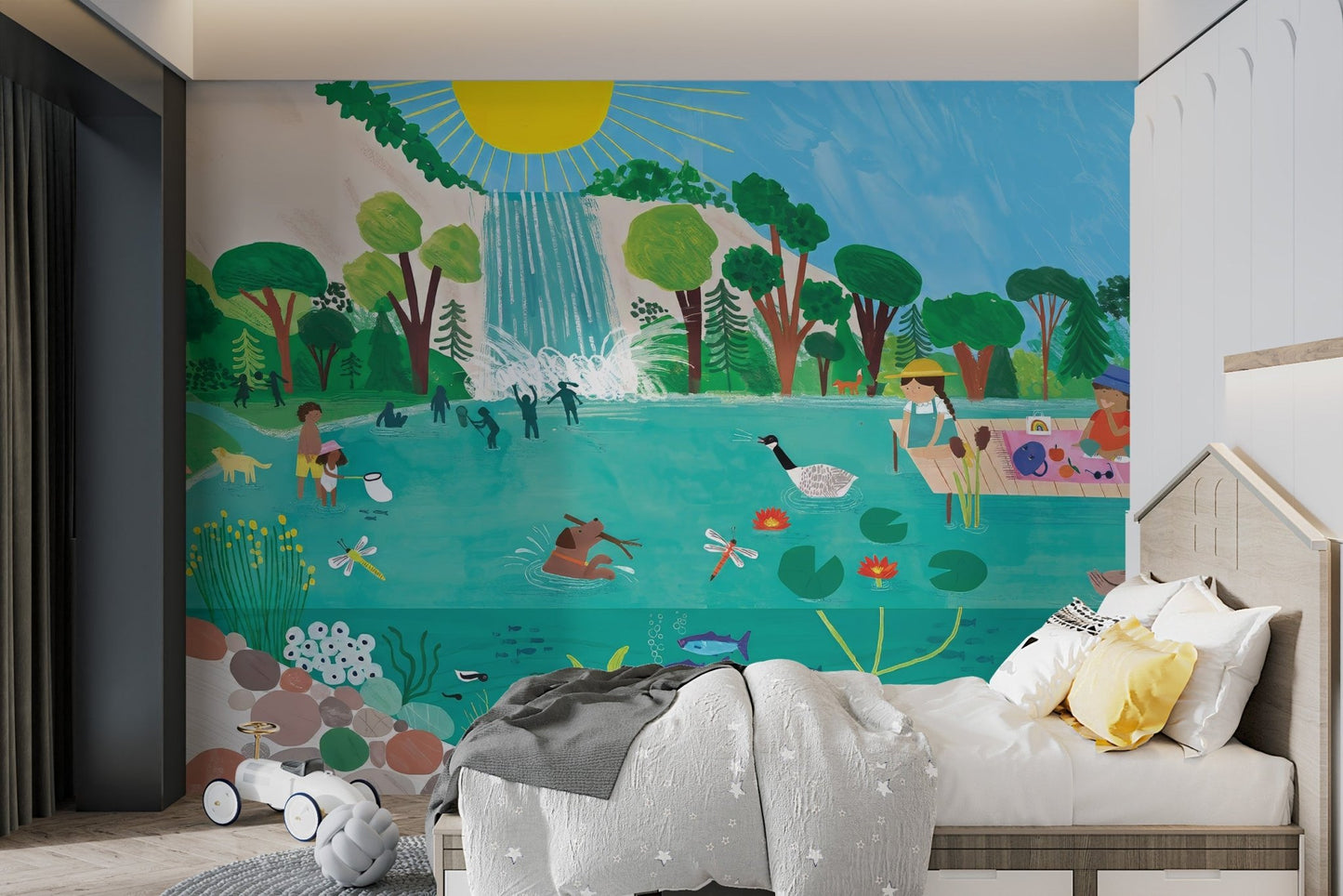 Sea Side Picnic Wall mural with green trees and waterfall for kids bedroom