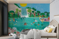 Sea Side Picnic Wall mural with green trees and waterfall for kids bedroom