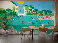 Illustrative wall mural with fish and green aquatic plants for dining room.