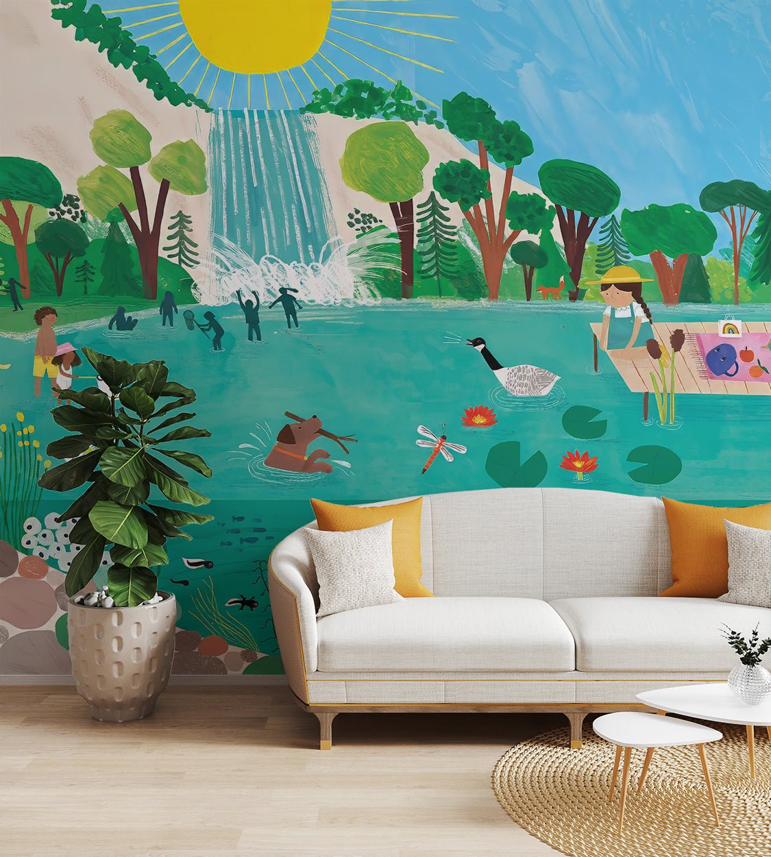 Sea Side Picnic Wall mural with boys on a wooden deck and picnic snacks