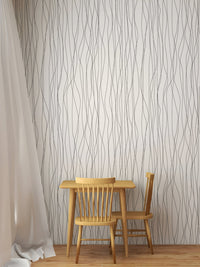 Seamless Black Lines and Curves Stripe Wallpaper behind a dining table