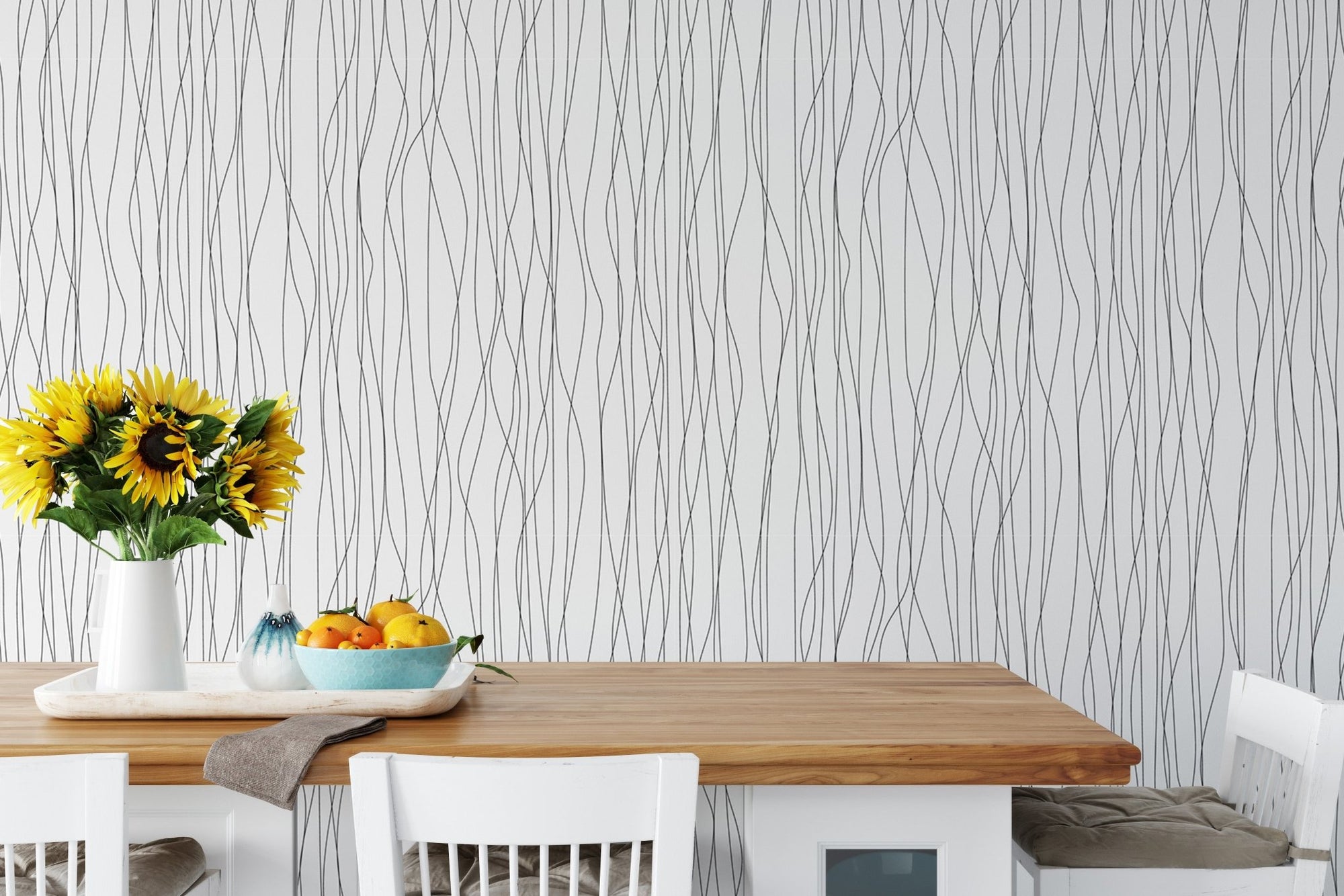 Seamless Black Lines and Curves Stripe Wallpaper in a dining area