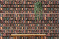 Seamless Books Old Vintage Wooden Shelf Wall mural behind a wooden bench and hanging plant.