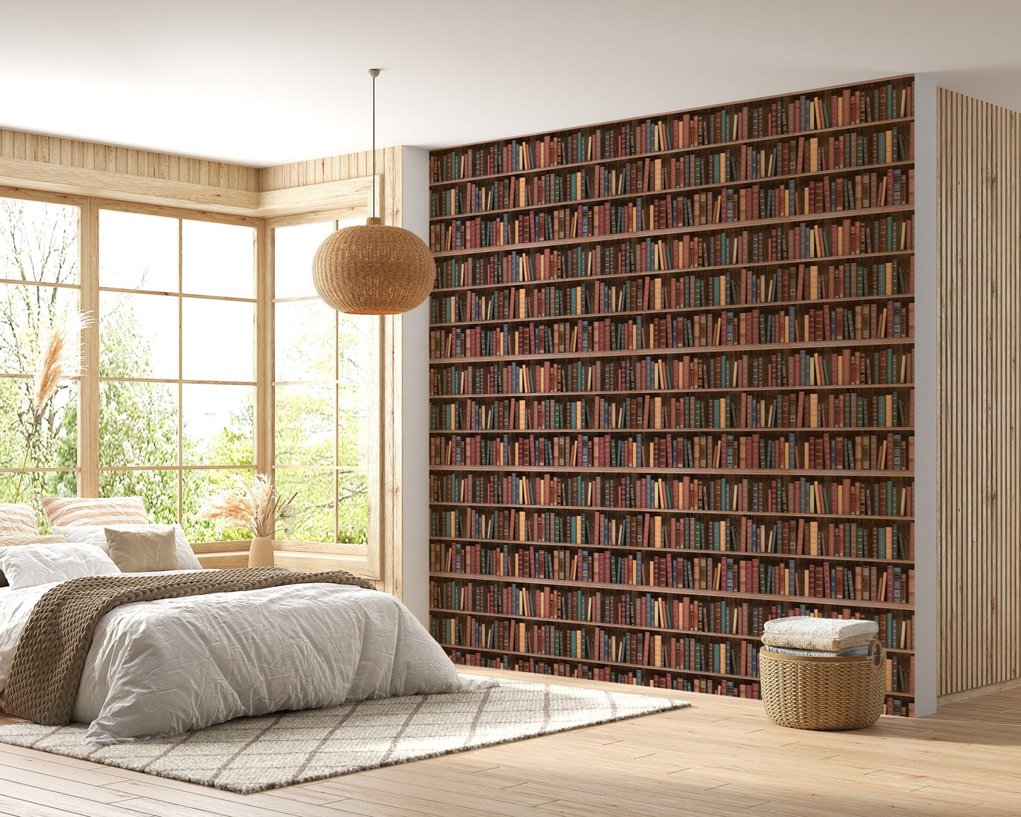 Large bedroom wall mural with a seamless vintage library shelf design.