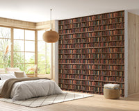 Large bedroom wall mural with a seamless vintage library shelf design.