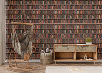 Seamless Books Old Vintage Wooden Shelf Wall mural in a nursery with a hanging chair.