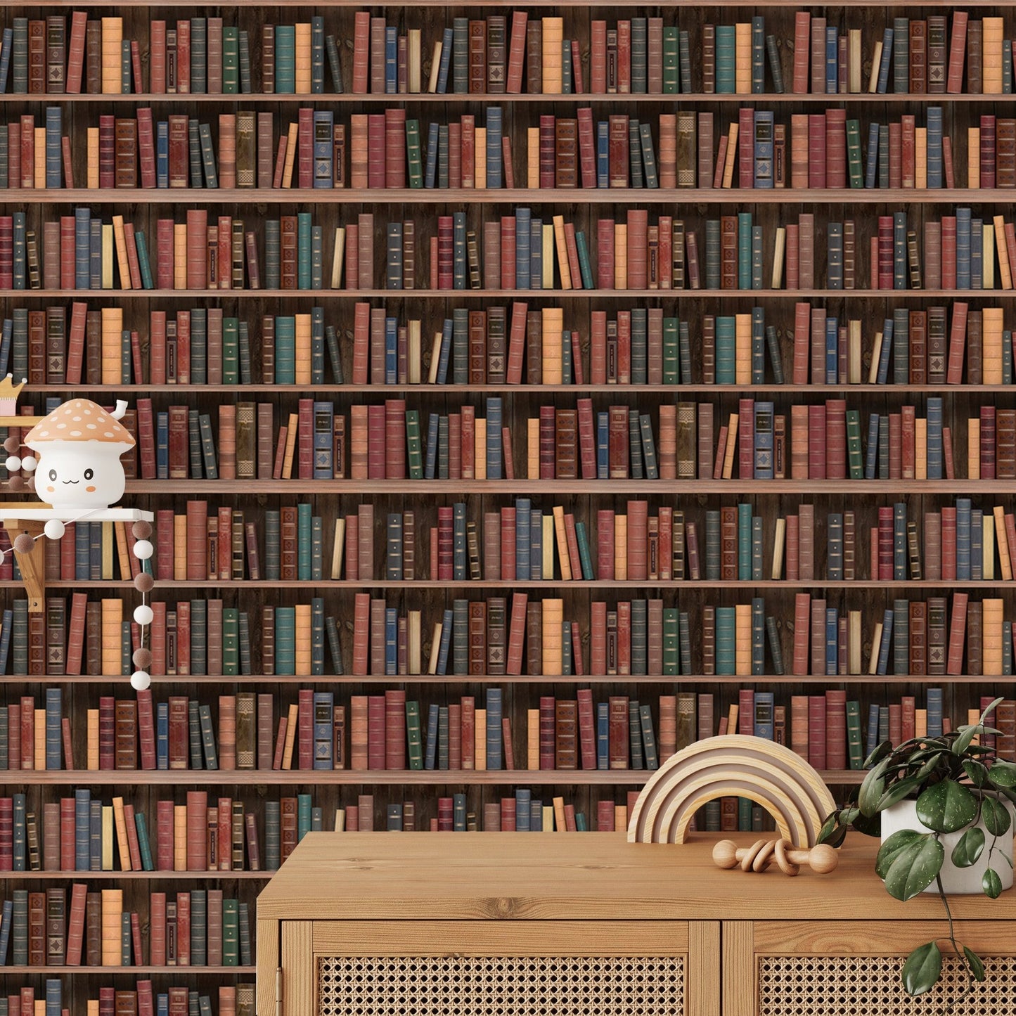 Seamless Books Old Vintage Wooden Shelf Wall mural behind a wooden table.