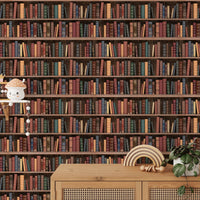 Seamless Books Old Vintage Wooden Shelf Wall mural behind a wooden table.