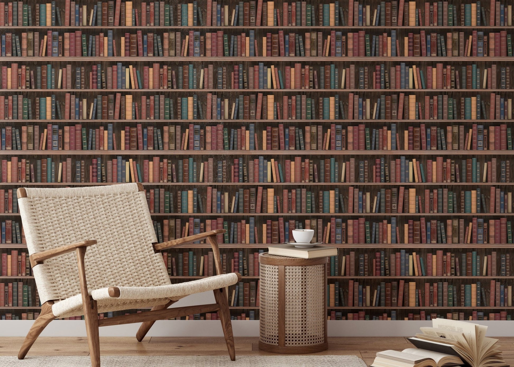 Brown book shelf wall mural featuring rows of antique books in a reading corner.