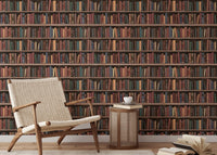 Brown book shelf wall mural featuring rows of antique books in a reading corner.