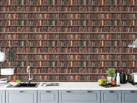 Kitchen wall mural featuring a library theme with brown wooden shelf patterns.