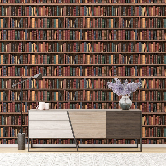Seamless Books Old Vintage Wooden Shelf Wall mural in a living room behind a side cabinet.