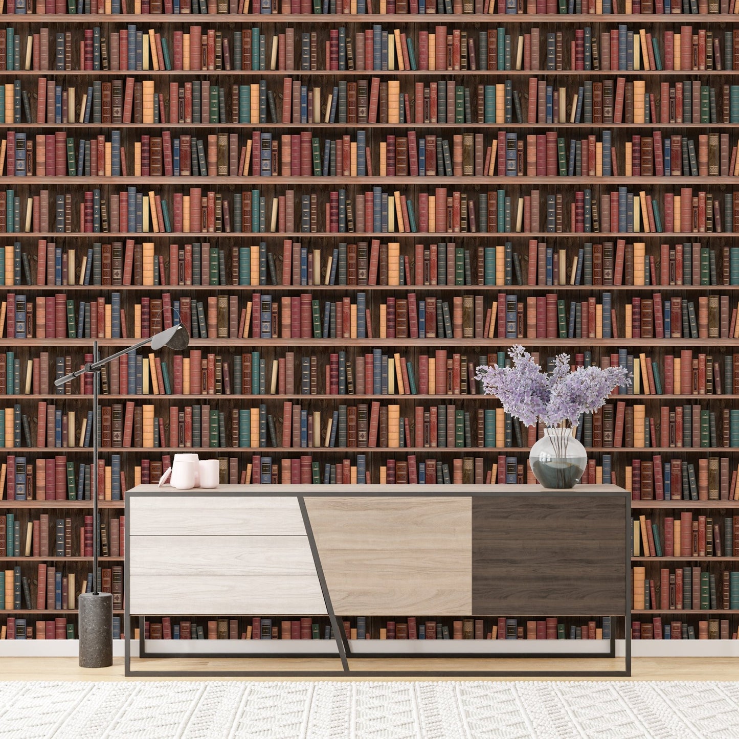 Seamless Books Old Vintage Wooden Shelf Wall mural in a living room behind a side cabinet.