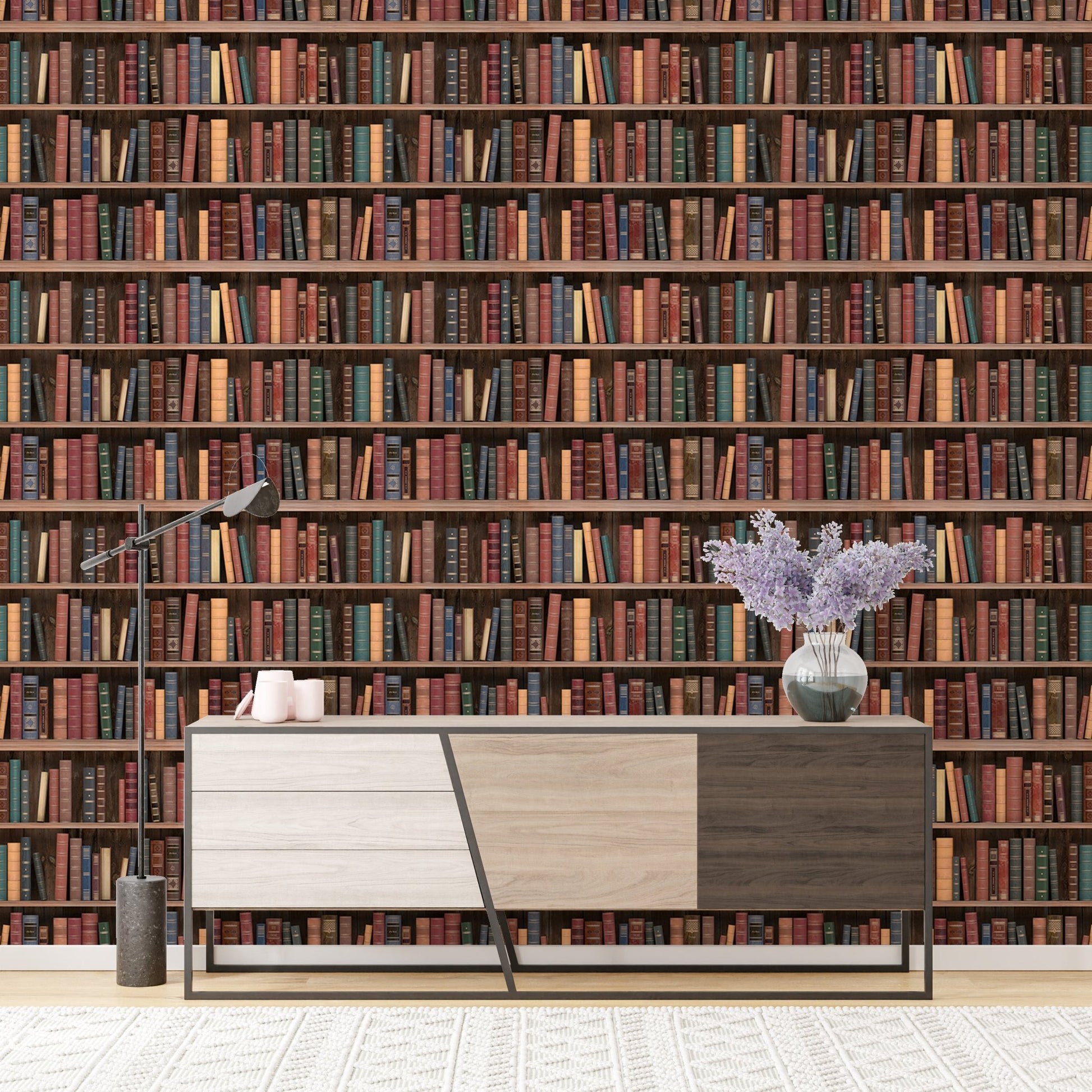 Seamless Books Old Vintage Wooden Shelf Wall mural in a living room behind a side cabinet.