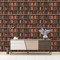 Seamless Books Old Vintage Wooden Shelf Wall mural in a living room behind a side cabinet.