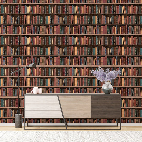 Seamless Books Old Vintage Wooden Shelf Wall mural in a living room behind a side cabinet.