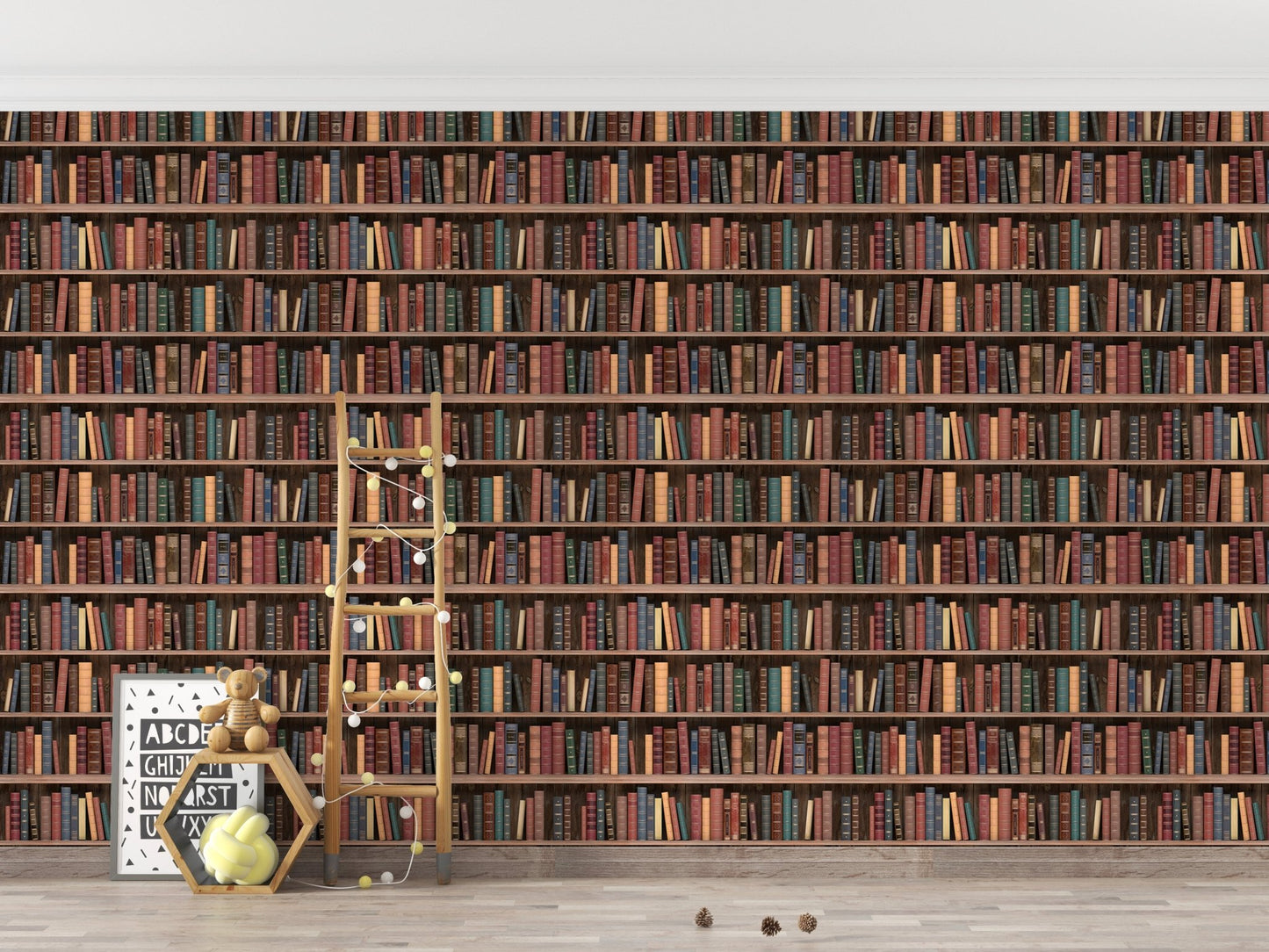 kids room wall mural showing vintage wooden shelves and leather-bound books.