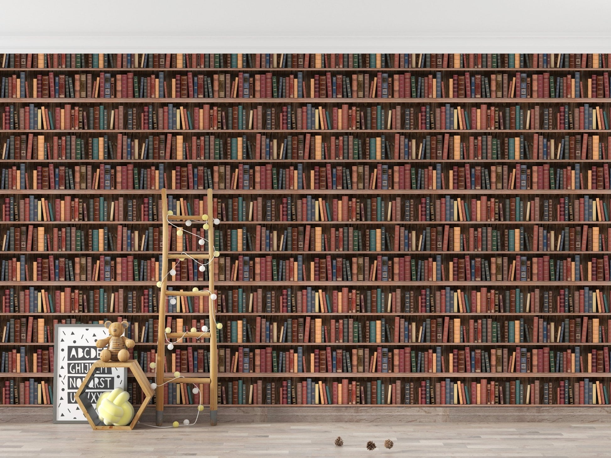 kids room wall mural showing vintage wooden shelves and leather-bound books.