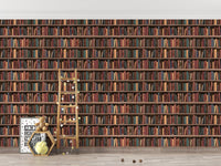 kids room wall mural showing vintage wooden shelves and leather-bound books.