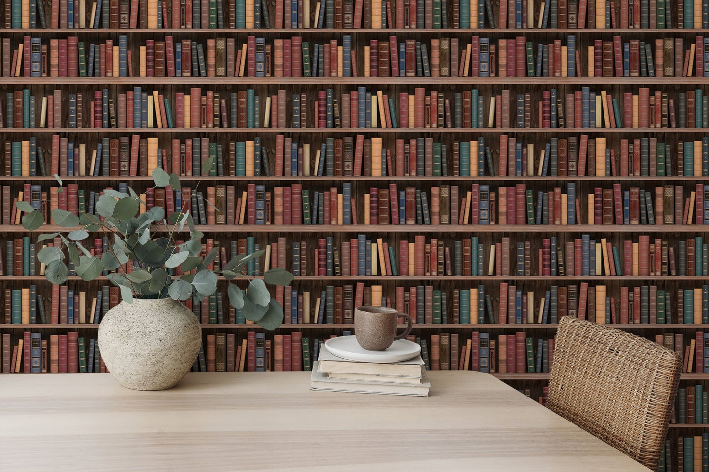 Realistic library shelf wall mural with multi-colored book spines for a home office.