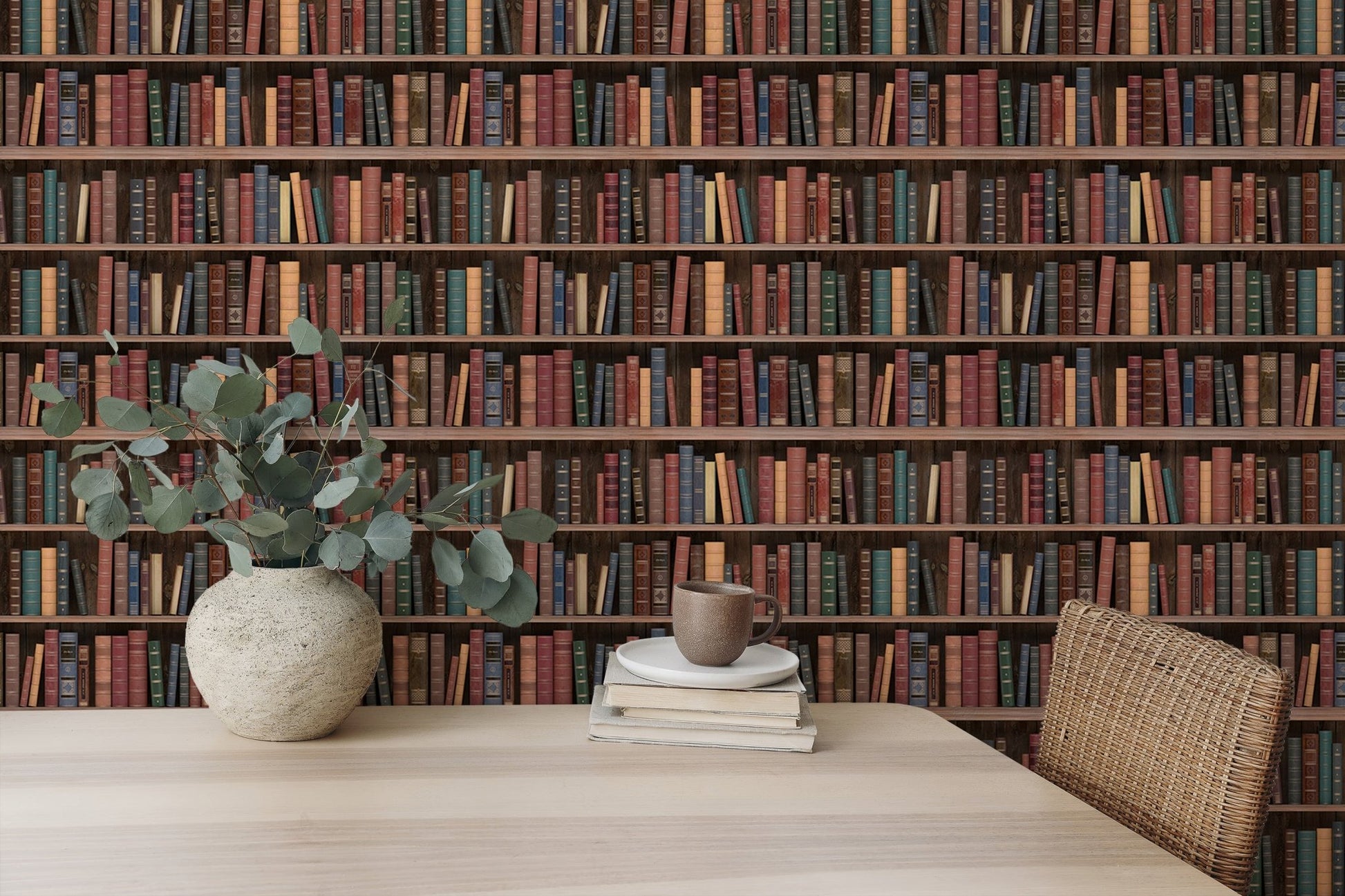 Realistic library shelf wall mural with multi-colored book spines for a home office.