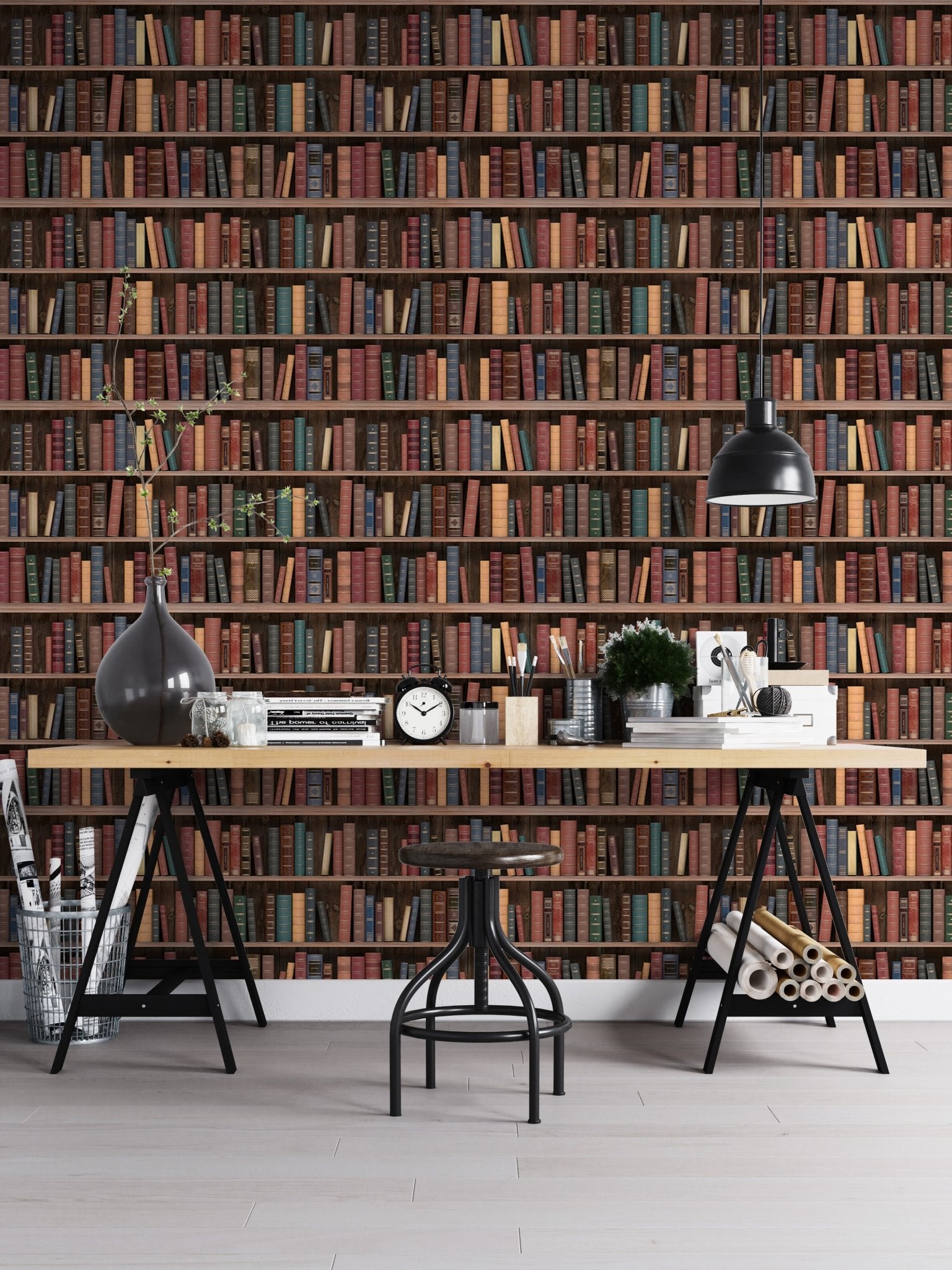 Seamless Books Old Vintage Wooden Shelf Wall mural installed behind a large work desk.